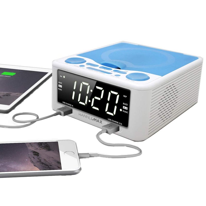 HANNLOMAX HX-300CD Top Loading CD Player, PLL FM Radio, Digital Clock, 1.2" White LED Display, Dual Alarms, Dual USB Ports for 2.1A and 1A Charging, AC/DC Adaptor Included (White_Blue) - Image 1